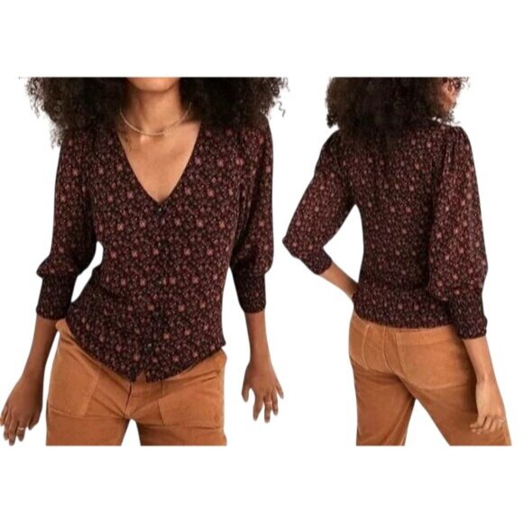 Madewell Orchard Floral Georgette Smocked-Cuff Button-Up Blouse Button-Front 12 - Picture 13 of 13